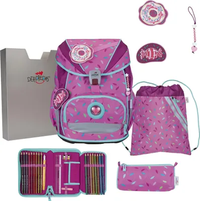 A collection of school supplies including a backpack, pencil case, and drawstring bag, all with a 'Sweet Sprinkles' theme.