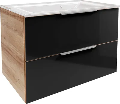Produktbild von B.Brillant Waschbeckenunterschrank  inklusive weißem Waschbecken aus Glas  Hängend und Front aus lackiertem Glas  Badschrank in Anthrazit & Eiche (80 x 56 x 50 cm)