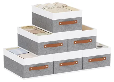 Produktbild von Set mit 6 faltbaren Aufbewahrungsboxen aus Stoff mit Griffen, Kleiderschrank-Organizer, Kleiderkorb, 33 × 23 × 14 cm, weiß