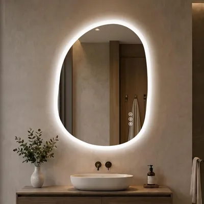 Produktbild von S'AFIELINA Badspiegel mit Beleuchtung 70x90 cm, LED Badspiegel asymmetrisch, rahmenlos, 3 Lichtfarben, dimmbar, Anti-Beschlag, Memory-Funktion