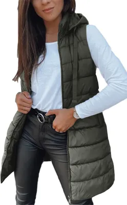 Produktbild von ASKSA Damen Steppweste Lang aermellose mit Kapuze Weste Warm Leichte Winterjacke Casual Steppmantel Einfarbige Winter Sportwesten (Armeegruen,M)