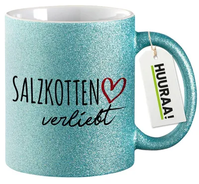 Produktbild von Huuraa Glitzertasse Salzkotten verliebt 330ml Blau Keramik Kaffeebecher Geschenkidee