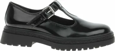 A single black patent leather Mary Jane shoe with a thick lug sole and buckle strap is shown against a white background.