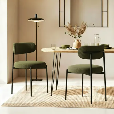 Produktbild von Set aus 2 gepolsterten IRIS-Stühlen in Khaki-Cord mit schwarzen Metallbeinen