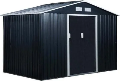 Zdjęcie produktu dla Domek ogrodowy Outsunny 4,9 m², z dachem dwuspadowym, drzwiami przesuwnymi, fundamentem, 277 x 195 x 192 cm, ocynkowany stalowy domek narzędziowy, odporny na warunki atmosferyczne, do ogrodu, ciemnoszary