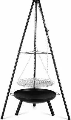 A black metal tripod grill with a hanging grate and a large cooking bowl.