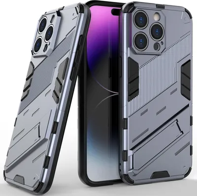 Produktbild von Armor Hülle für iPhone 14 Pro, Hybrid PC TPU Bumper Stoßfestes Schutzhülle mit Standfunktion Grau