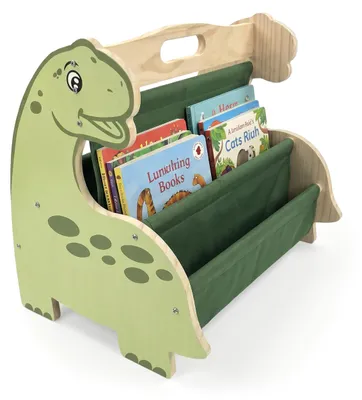 Obrázok produktu pre Relaxdays, detský regál na knihy, drevo, 4 látkové priehradky, obojstranný, rozmer (výška x šírka x hĺbka): 34 x 44 x 31 cm, detský regál Dino, zelená/prírodná farba