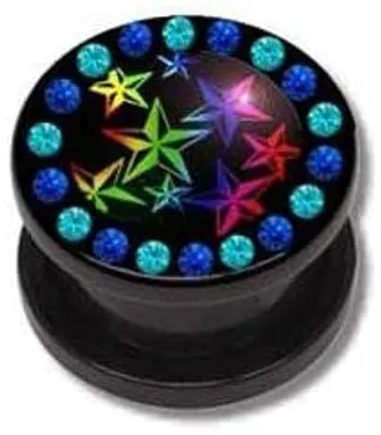 Produktbild von Ohr Flesh Acryl Tunnel Piercing Screw On Mit Bunten Sternen Und Kristallen Steinen - 14mm