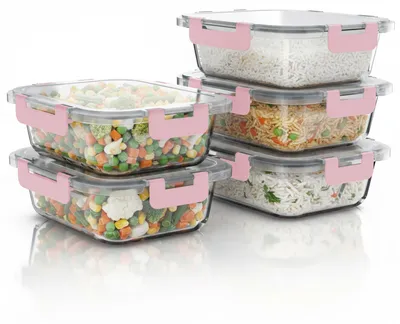 Productafbeelding van Arendo luchtdichte containers, set van 5, voorraadbakken van borosilicaatglas, elk 1040 ml, met kliksluiting en siliconenafdichting, luchtdicht, lekvrij, geschikt voor de oven, transparant/roze