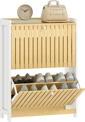 Obrázek produktu pro Botník - Úzký dvoudveřový - Bambus - Nastavitelné police - Na 12 párů - Moderní design - Bílá