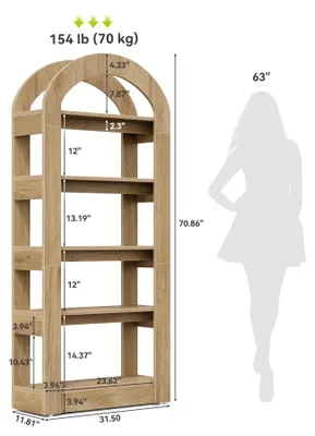Image de Étagère inclinée - Étagère autonome avec 5 niveaux - Hauteur de 180 cm, 80 x 30 cm - Bois de style rustique antique - Idéale pour les salons et les chambres - Couleur kaki foncé