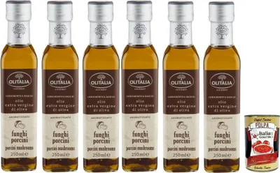 Produktbild von Olitalia Olio Condimento a Base di olio extra vergine di oliva all'aroma di funghi porcini, Extra Natives Olivenöl Porcini -Steinpilz geschmack 6x 250ml + Italian Gourmet polpa 400g