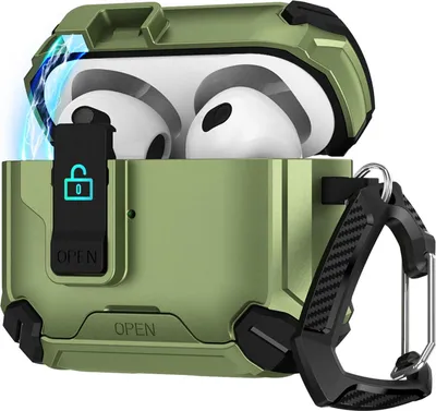 Produktbild von Hülle für Apple AirPods 1 / 2 Defender Schutzhülle mit Karabiner 360° Schutzbox Kopfhörer stoßfestes Full Body Cover Army Green