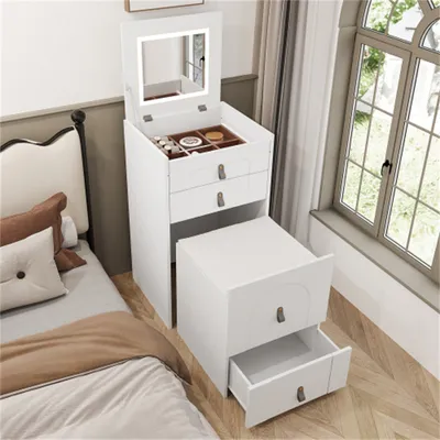 Immagine prodotto di Tavolino da toilette AIORBER (con sgabello), con specchio e luce LED, 3 cassetti, ripiano divisorio, per camera da letto, 50x40x80cm, bianco