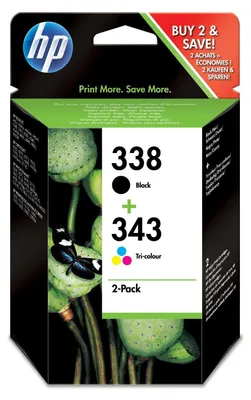 Produktbild von HP 338 Schwarz/343 Cyan/Magenta/Gelb 2er-Pack Original Druckerpatronen, Hohe (XL-) Ausbeute, Schwarz, Cyan, Magenta, Gelb, Tinte auf Pigmentbasis, Tinte auf Farbstoffbasis, 2 Stück(e), 480 Seiten