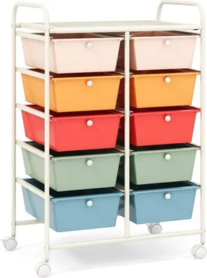 Produktbild von COSTWAY Rollwagen mit 10 stapelbaren Schubladen, Schubladenwagen Rollcontainer mit Metallgestell und Ablagefläche, Badrollwagen Aufbewahrungswagen für Büro, Wohnzimmer, 65,5 x 37 x 87 cm