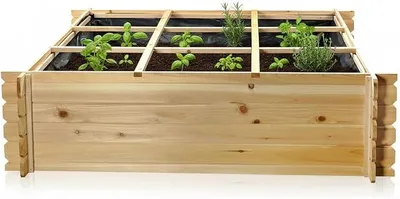 Imagen del producto de Silecomplaza: Jardín vertical elevado con 9 compartimentos, dimensiones 140x140x36 cm, fabricado en madera, ideal para jardín