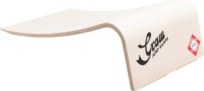A wooden jump ramp for skateboarding or similar activities, shown in isolation against a white background.