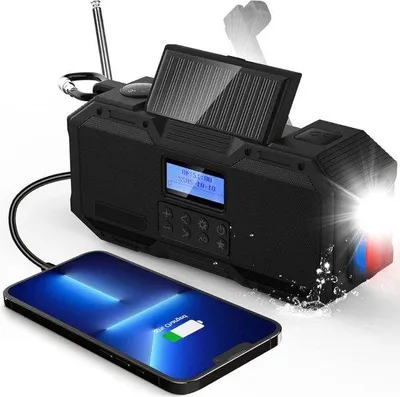 Image de Radio d'urgence portable noire avec batterie externe à énergie solaire