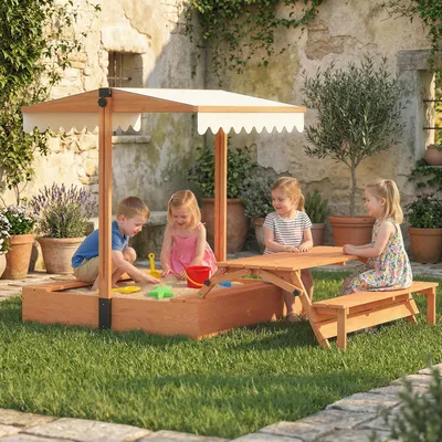 Produktbild von Sandkasten mit Dach aus Holz, Sandkiste mit klappbarem Picknicktisch, Sitzbänken, Tannenholz, Braun | 184 x 110 x 120 cm | für Kinder 3–8 Jahre