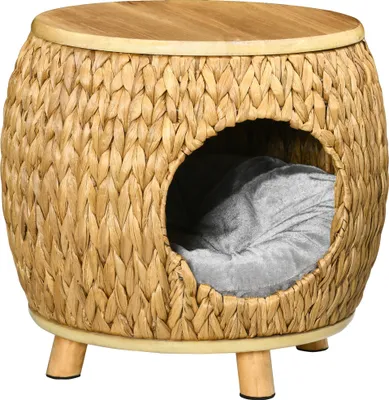 Image de Pawhut Cave à chat en rotin 2 en 1 Design panier pour chat avec coussin Lit pour chat Niche pour animal de compagnie Herbe de jacinthe d'eau Bois de paulownia Marron clair+gris 44 x 43 x 42 cm
