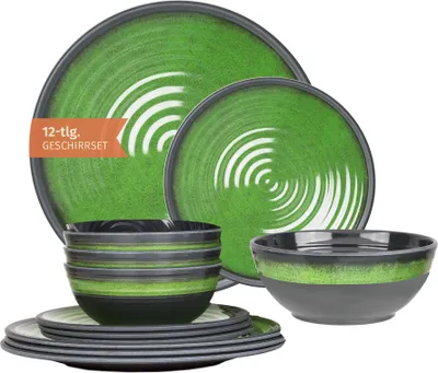 Produktbild von Moritz Camping Tafelgeschirr aus Melamin für 4 Personen 12-teilig | spülmaschinenfest | Picknick Geschirrset | Geschirr Campinggeschirr I Stone Green Design