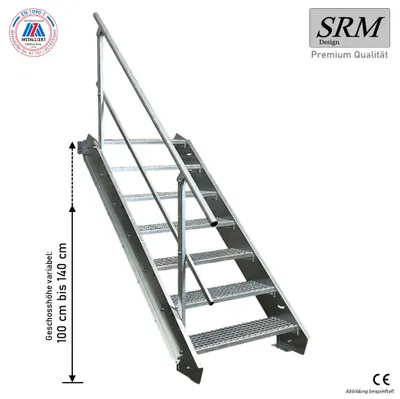 Produktbild von 7 Stufen Stahltreppe einseitig. Geländer Breite 100cm Geschosshöhe 100-140cm