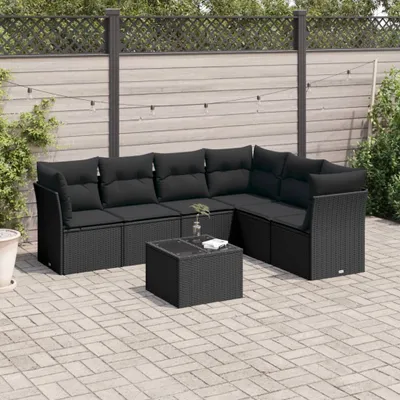 Produktbild von Design 7-tlg. Garten-Sofagarnitur mit Kissen Schwarz Poly Rattan, Gartenmöbel-Sets 2024