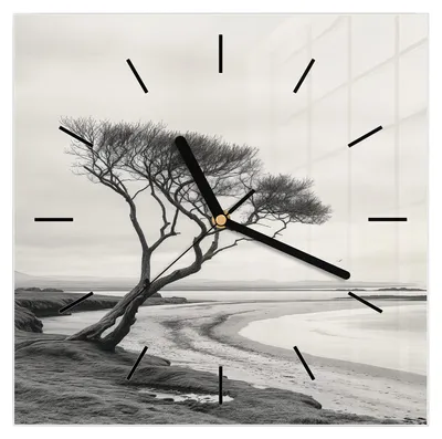 Produktbild von Wanduhr aus Glas mit Motiv Einsamer Baum am Meer- 30 x 30 cm - inkl. Aufhängesystem