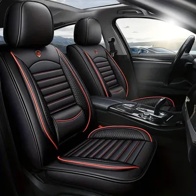 Produktbild von Autositzbezüge Universal Set, Aus Premium Leder + Einzigartigem Design 5-Sitzer Sitzbezüge (Schwarz Rot/Standard Version)