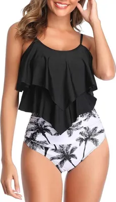 Obrázok produktu pre Dámsky set tankín s vysokým pásom, vrškom s volánikom a nohavičkami s potlačou - elegantné plážové oblečenie, A002