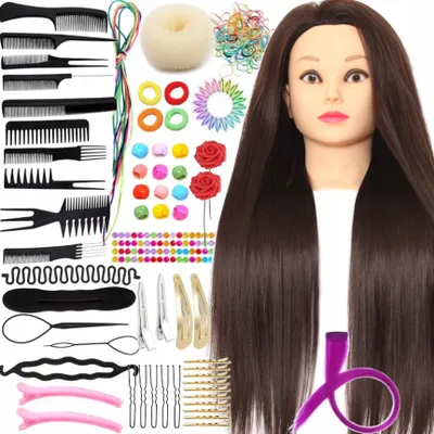 Obrázok produktu pre Štýlová hlavica na kadernícke účesy, model Luna, 70 cm, umelé vlasy, hnedá, s príslušenstvom a 10-dielnou súpravou hrebeňov