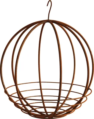 A rusty metal hanging basket for plants.