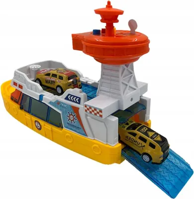 A toy police ship with two toy cars on its deck and one car on a ramp.