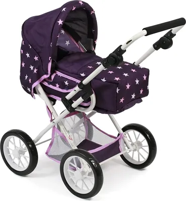 A doll's pram with a purple fabric cover decorated with white and pink stars, set against a white background.