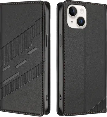 Produktbild von Hülle für iPhone 15, Kunstleder Brieftaschen Handyhülle mit Kartenfach und Standfunktion Schwarz