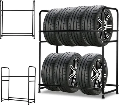 Produktbild von Fiqops Reifenständer Stahlkonstruktion in Zwei Schichten für 8 Reifen Schwarz Pulverbeschichtet Werkstattregal Reifenständer 107×46×117cm