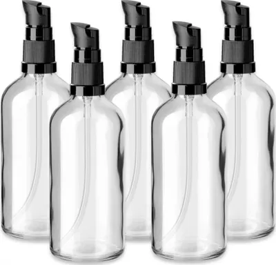Produktbild von 5x Klare Glasflasche 100 ml mit schwarzer Pumpe Dispenserpumpe 18/415