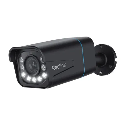 A black Reolink security camera is shown against a white background.
