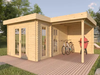 Produktbild von WOODTEX Naturbelassen Gartenhaus Livia 28 mm Blockbohlenhaus, Mit Überdachtem Anbau Und Flachdach, Doppeltür Und Seitenfenster Aus Echtglas, Aus Nordischer Fichte, Robuste Konstruktion