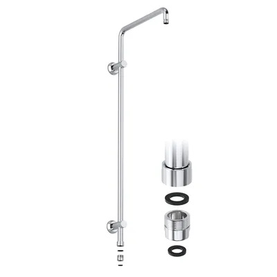 A chrome shower arm and adapter kit against a white background.