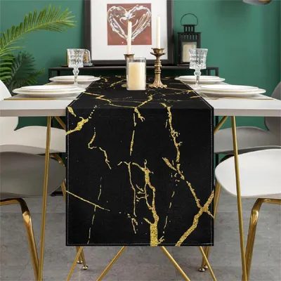 Productafbeelding van Tafelkleed, marmerlook, gouden textuur, 40 x 140 cm, linnen, zwart en goud