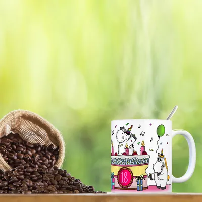 Produktbild von Honeycorns Kaffeebecher mit Einhorn Geburtstagsparty Motiv zum 18. Geburtstag