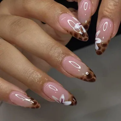 Produktbild von Künstliche Fingernägel Almond Nude Rosa Leopard Floral Feder Herbst Kurz mit Nagelkleber