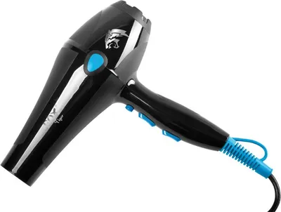 A black and blue hair dryer is shown against a white background.