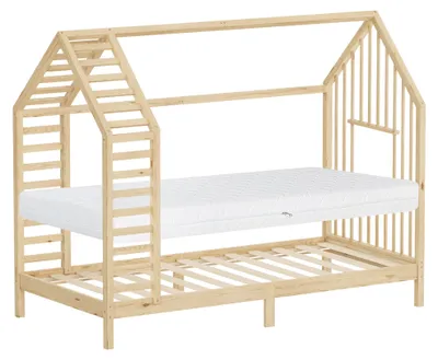 Produktbild von ML-Design Kinderbett 90x200 cm Natur mit Matratze & Lattenrost, Hausbett mit Dach, Bettgestell aus Kiefernholz, Montessori Holzbett für Mädchen Jungen