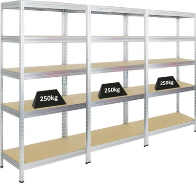 Produktbild von Mega Deal | 3x Schwerlastregal Rivet | HxBxT 180x90x45 cm | Fachlast 250kg | Verzinkt