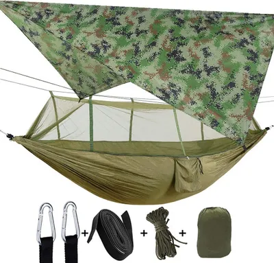 Produktbild von 2 Personen Hängematte mit Moskitonetz, Zelt, Baumgurten, robust, wasserdicht, leicht, Nylon, tragbar, zum Wandern, Reisen, Strand, Überleben, Hinterhof (Armeegrün + Tarnung)