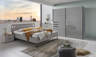 Produktbild von Schlafzimmer-Set >Tilburg< (5tlg. ) Schrank, Bett 188x92x210cm, Kommoden, Saharagrau, Abs. Grafit